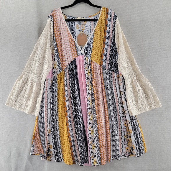 Kori America Dresses & Skirts - Kori America Womens Patchwork Dress Boho Babydoll Crochet Bell Sleeve Size 1XL